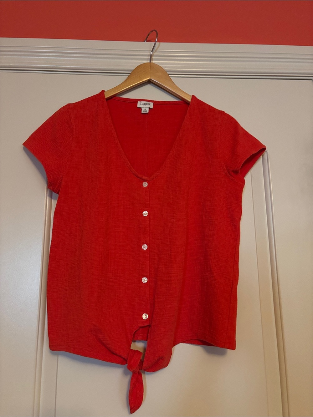 J. Crew Vibrant Red Short-Sleeve Button-Front Tie Hem Top. Size Small